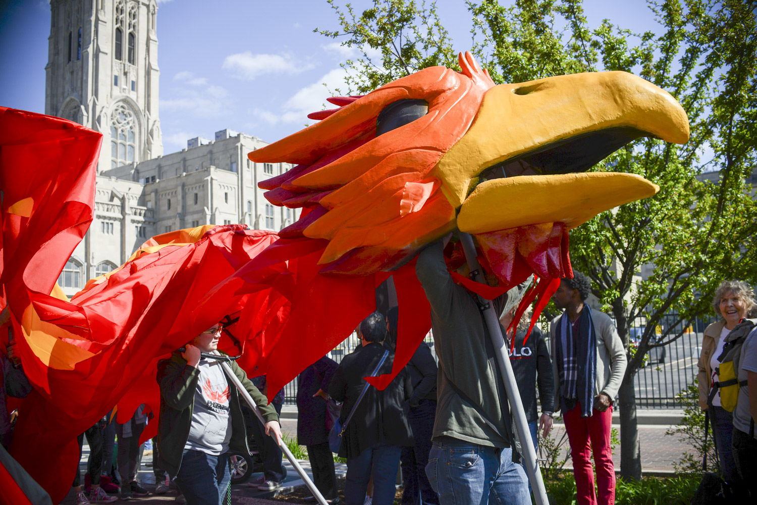 Sparky, the Phoenix bird mascot, with the Scottish Rite Cathedral in the background